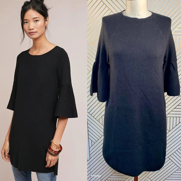 Anthropologie Moth Chester Sweater Tunic‎ Dress Bell Sleeve Black Size Small - Picture 1 of 9